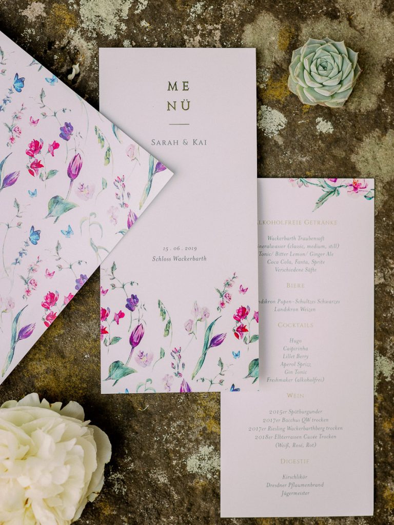 Menükarten, Hochzeit Schloss Wakerbarth