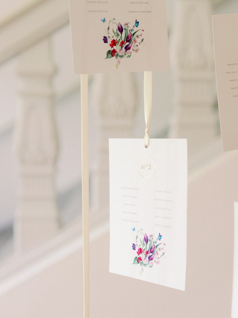 Tischkarten pink lila, Hochzeit Schloss Wackerbarth